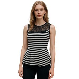 Nuon Black & White Striped Peplum Sleeveless Top - Size Medium